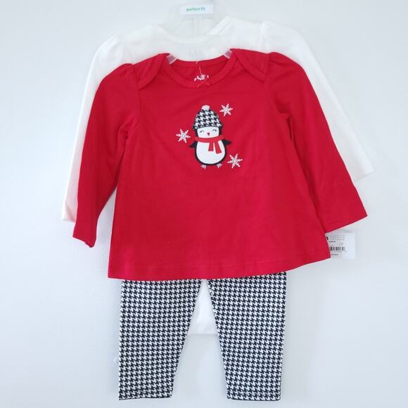 New 12 Month Girls 3 Piece Set, Houndstooth, Two Shirt, Pants Holiday Christmas - Picture 3 of 4